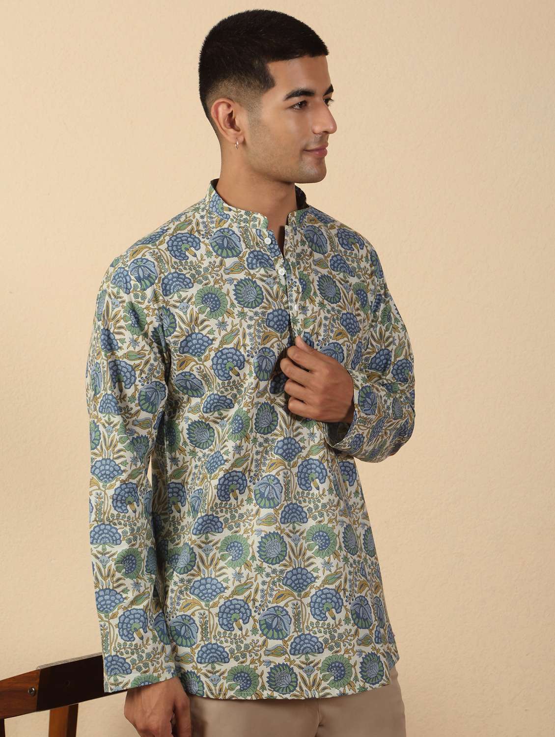 men printed mandarin neck short kurta - 22619191 -  Standard Image - 3