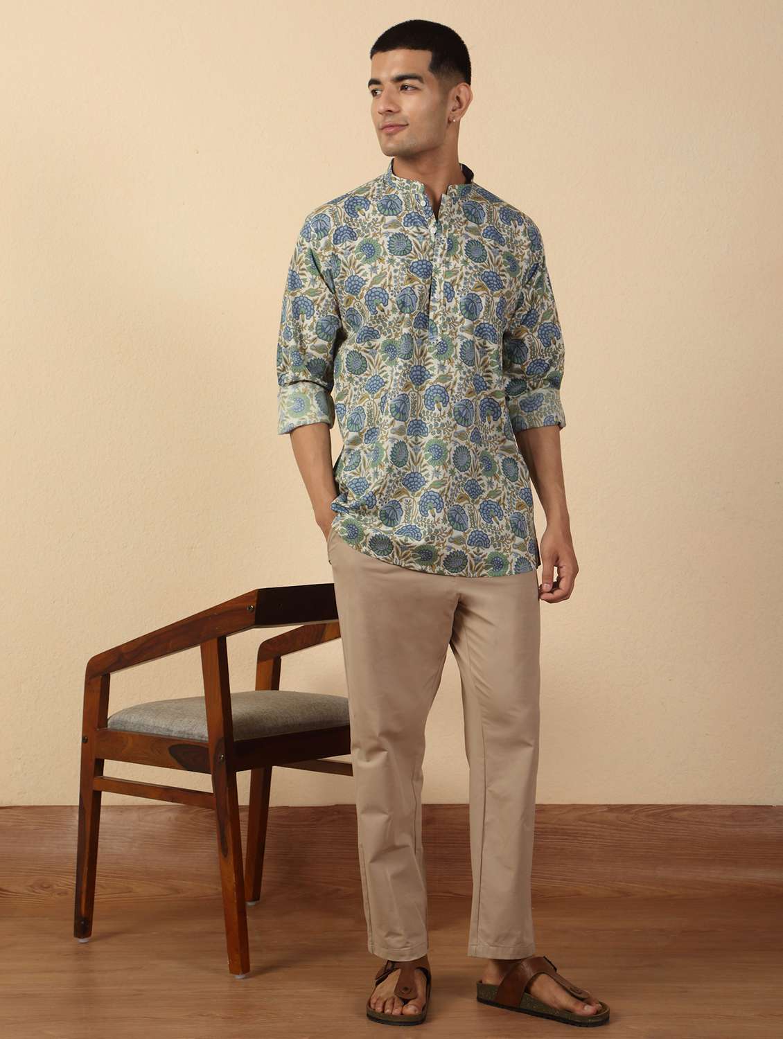 men printed mandarin neck short kurta - 22619191 -  Standard Image - 5