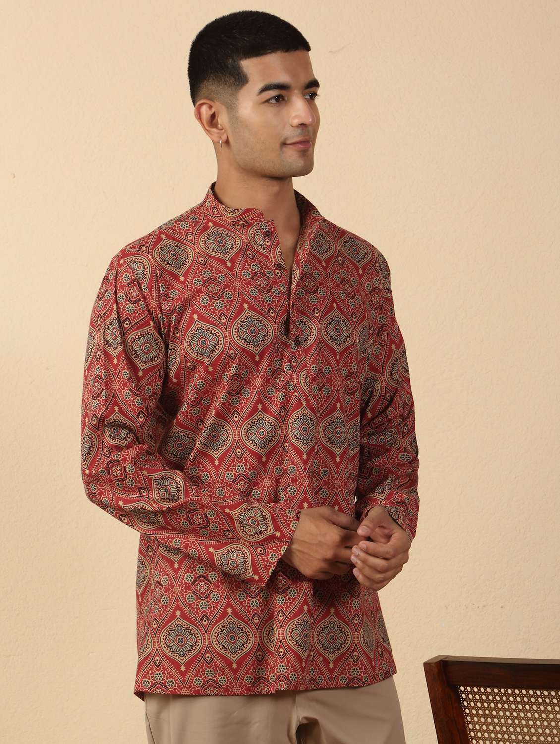 men printed mandarin neck short kurta - 22619192 -  Standard Image - 3
