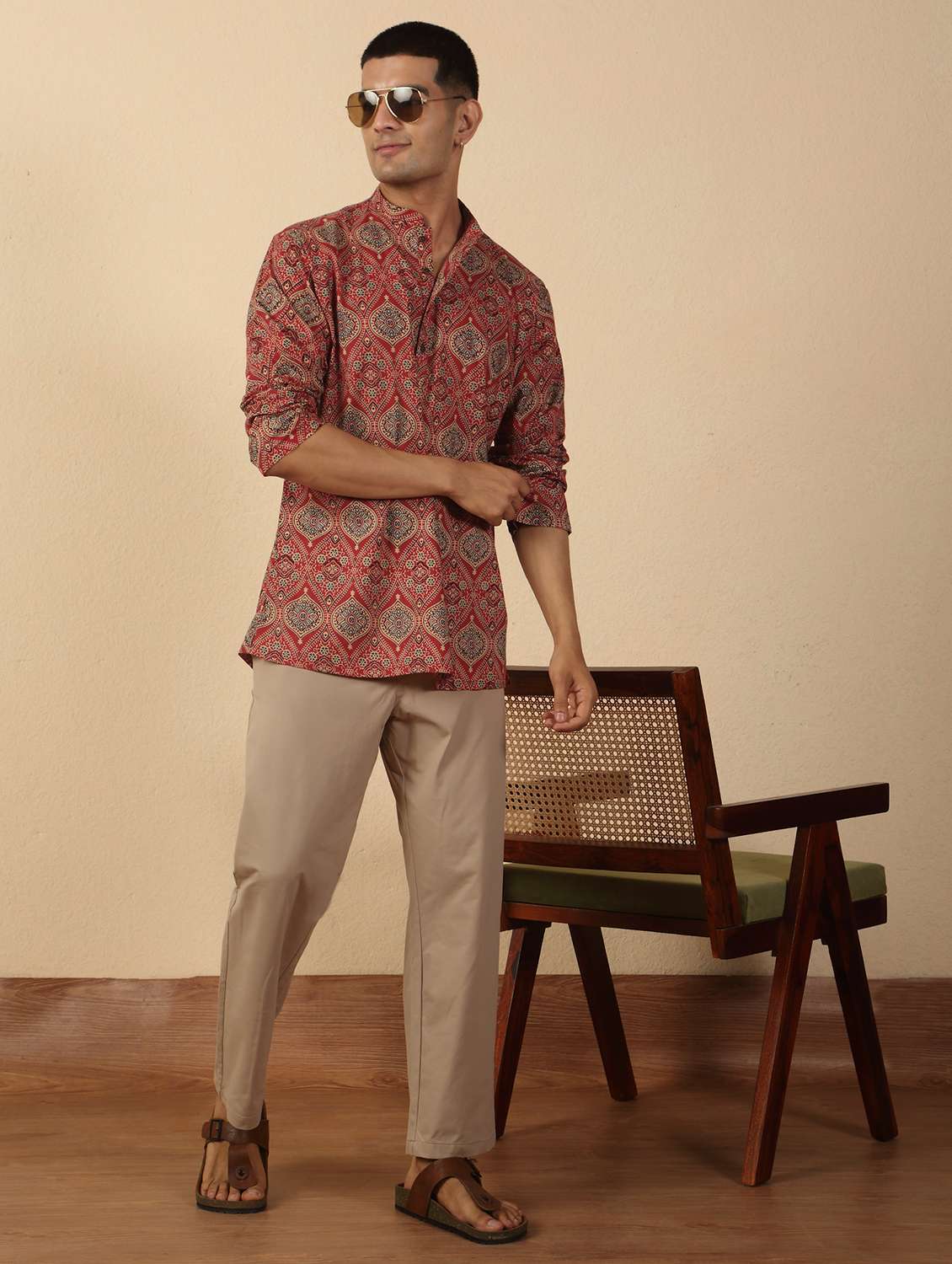 men printed mandarin neck short kurta - 22619192 -  Standard Image - 5