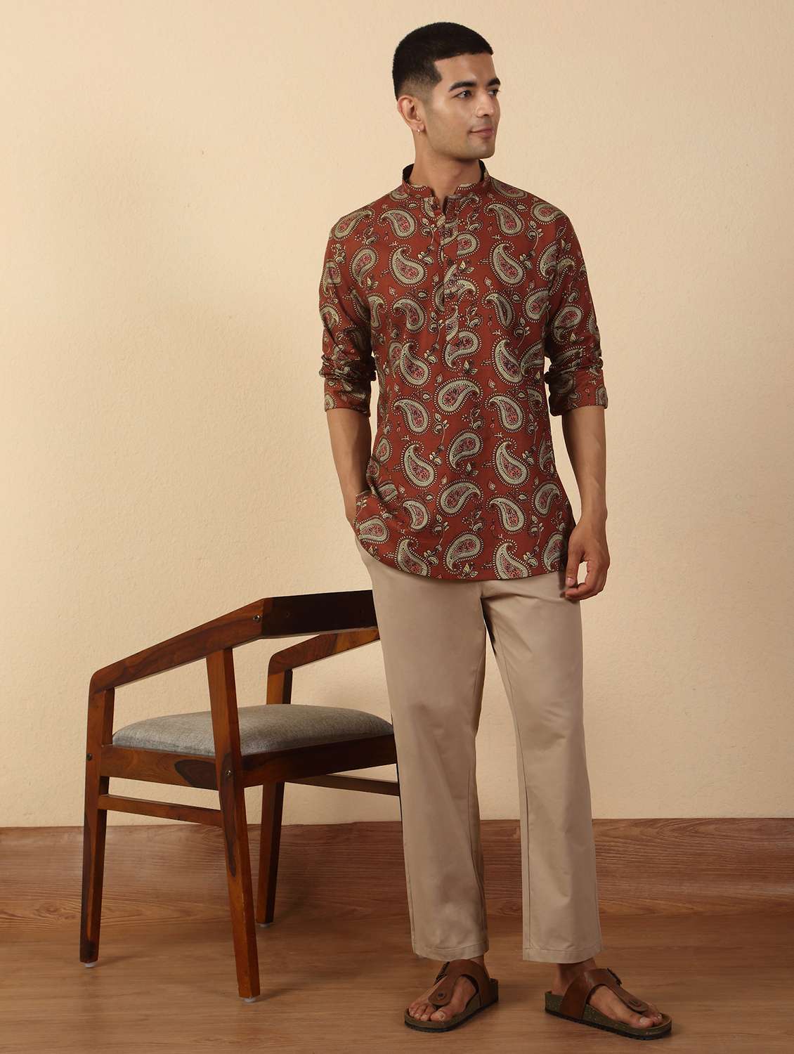 men printed mandarin neck short kurta - 22619193 -  Standard Image - 5