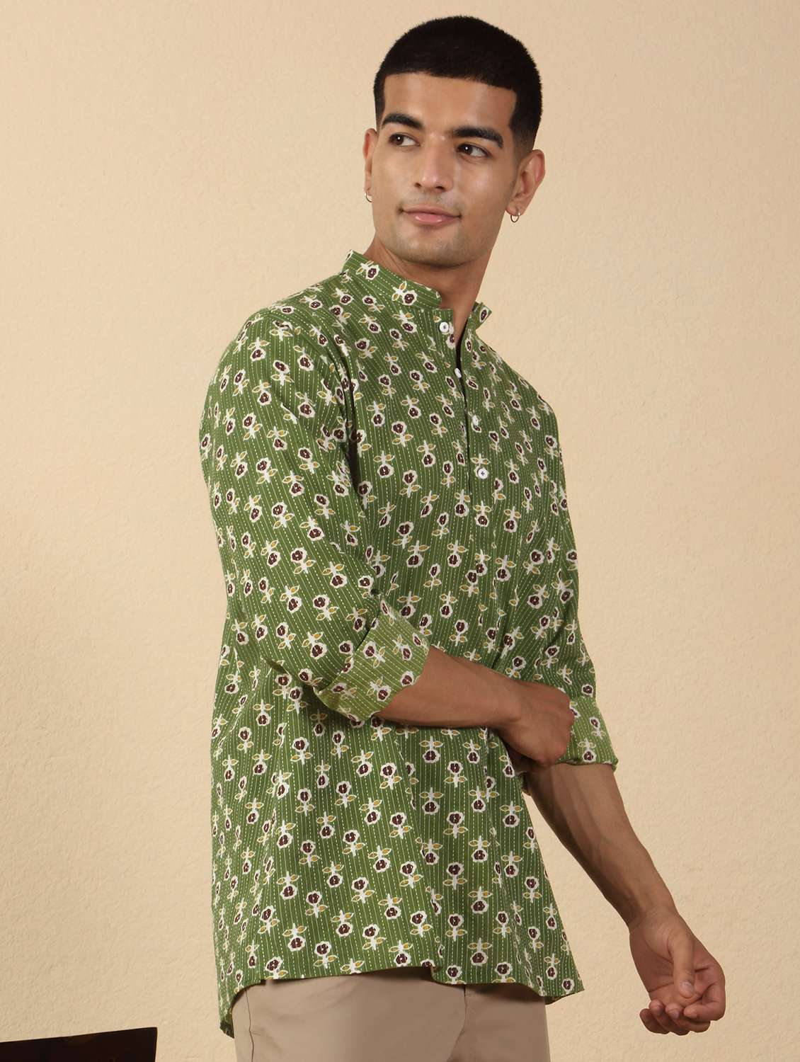 men printed mandarin neck short kurta - 22619194 -  Standard Image - 3