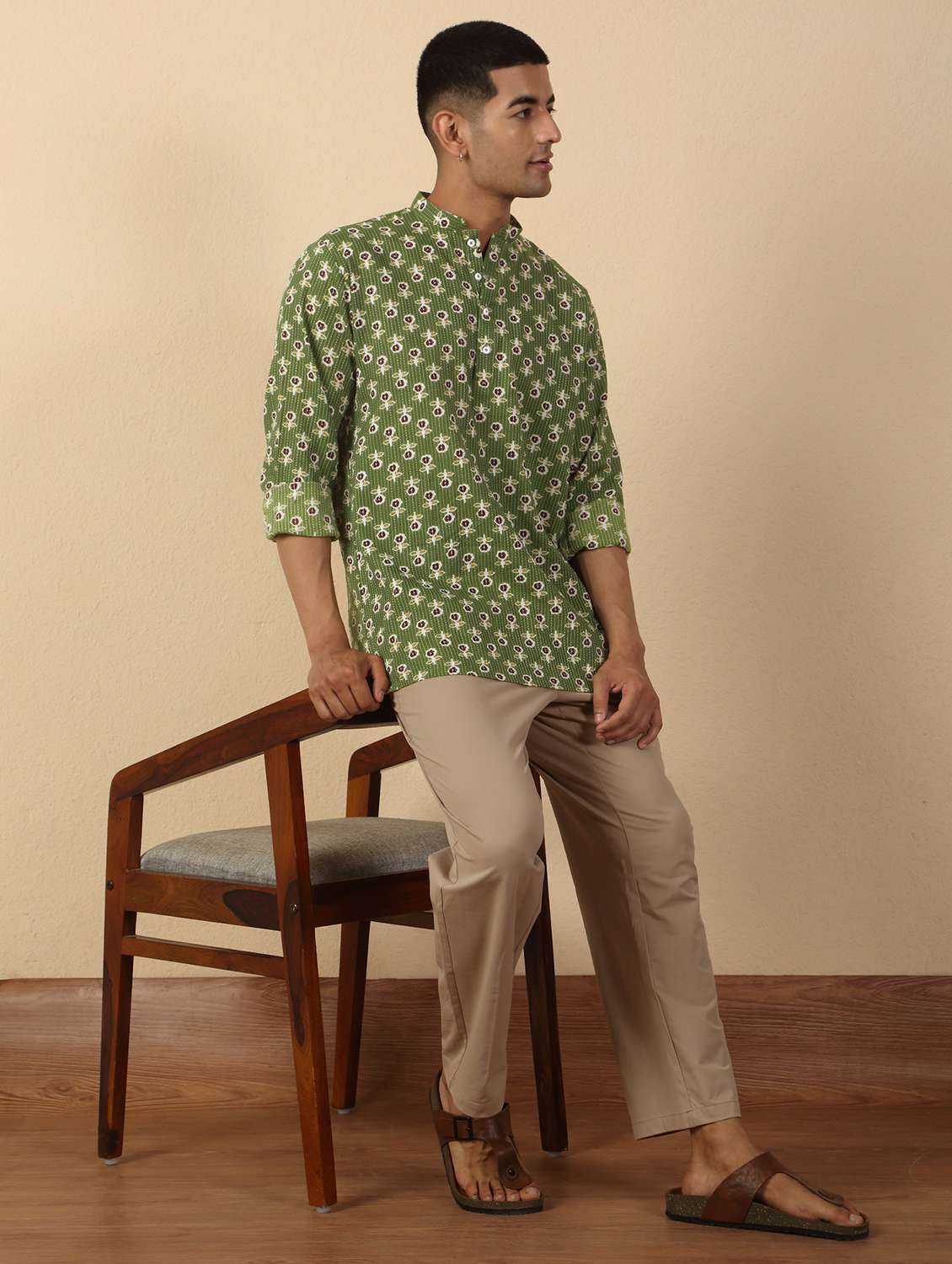 men printed mandarin neck short kurta - 22619194 -  Standard Image - 5