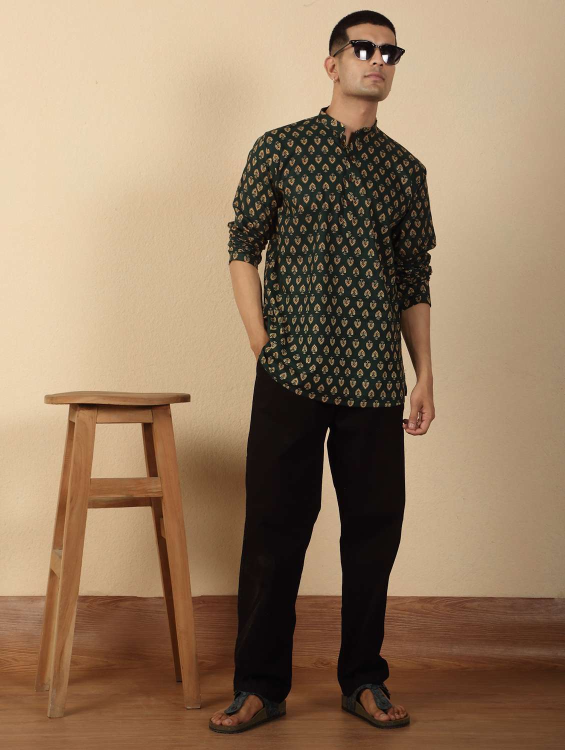 men printed mandarin neck short kurta - 22619195 -  Standard Image - 5