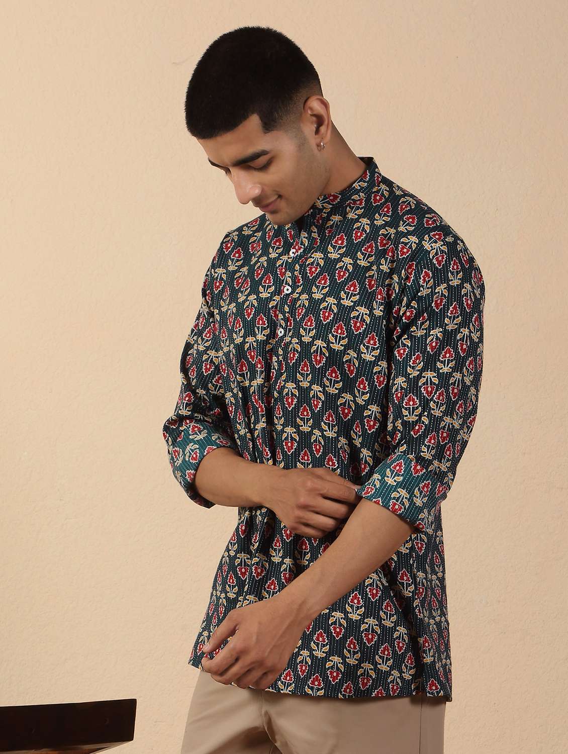 men printed mandarin neck short kurta - 22619196 -  Standard Image - 3