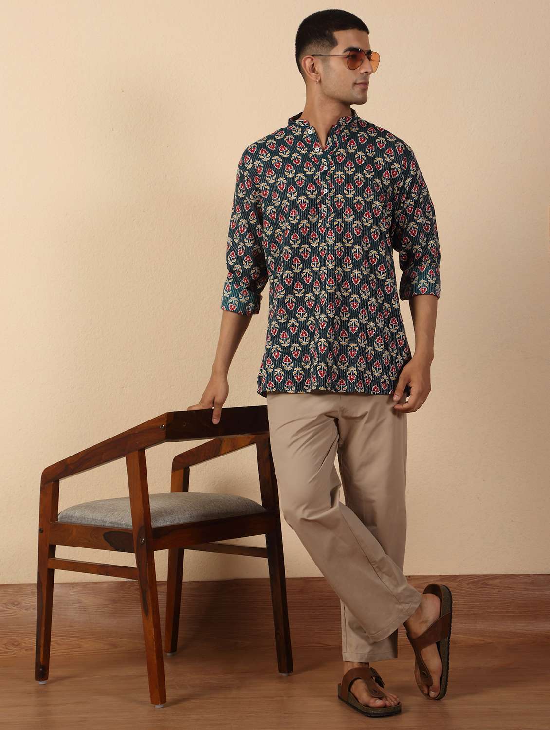 men printed mandarin neck short kurta - 22619196 -  Standard Image - 5