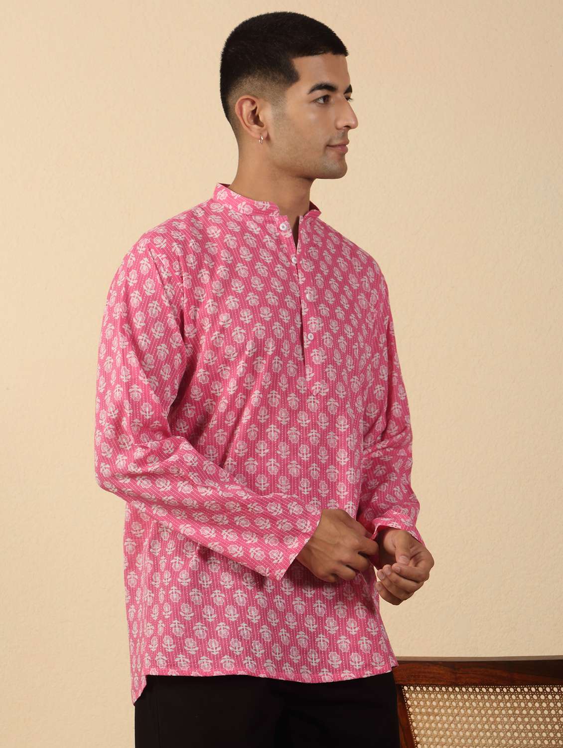 men printed mandarin neck short kurta - 22619197 -  Standard Image - 3