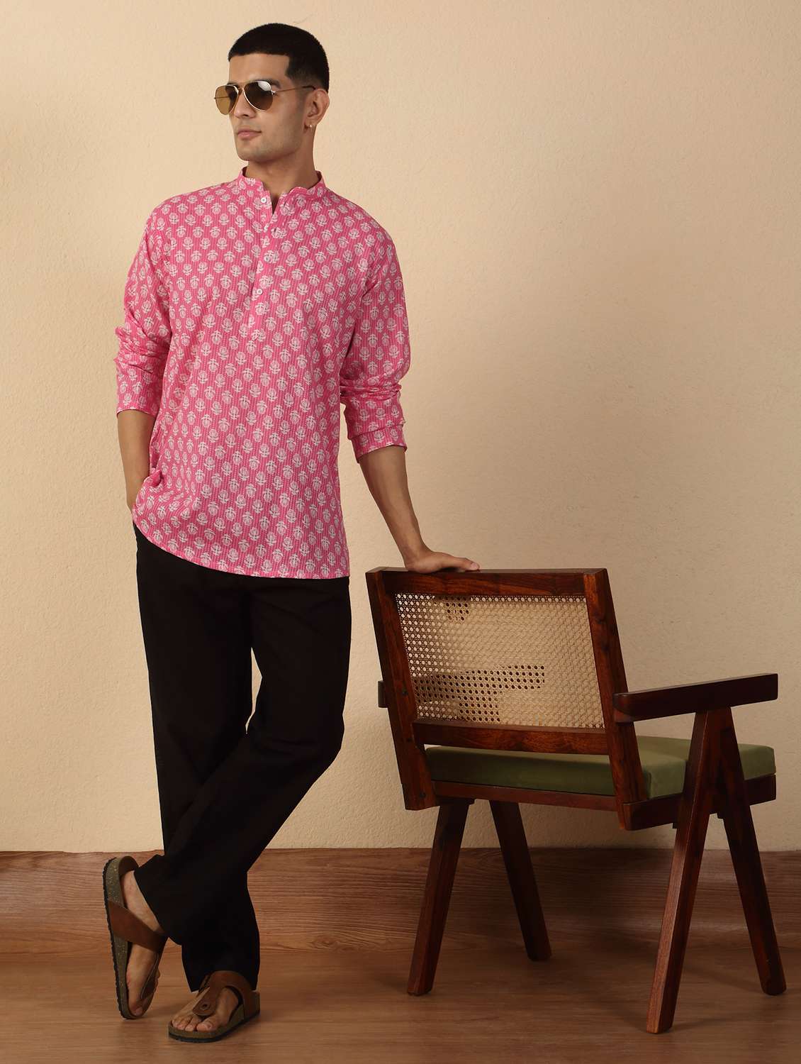 men printed mandarin neck short kurta - 22619197 -  Standard Image - 5