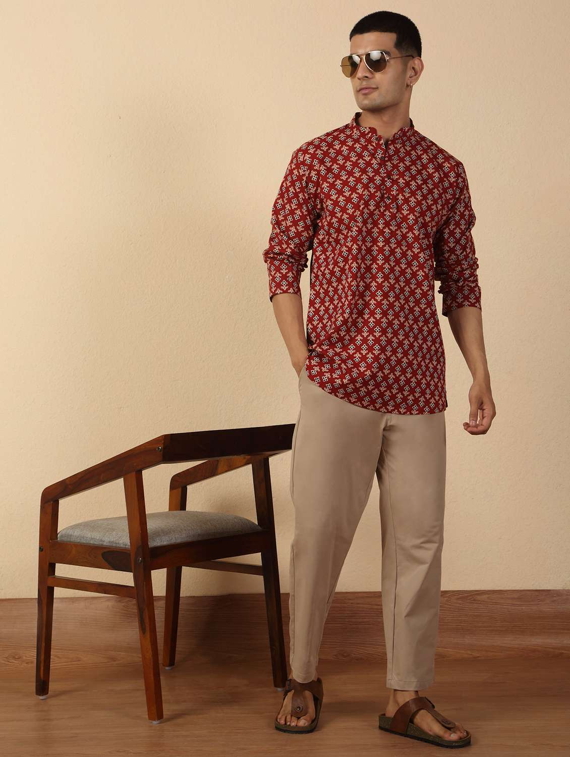 men printed mandarin neck short kurta - 22619198 -  Standard Image - 5