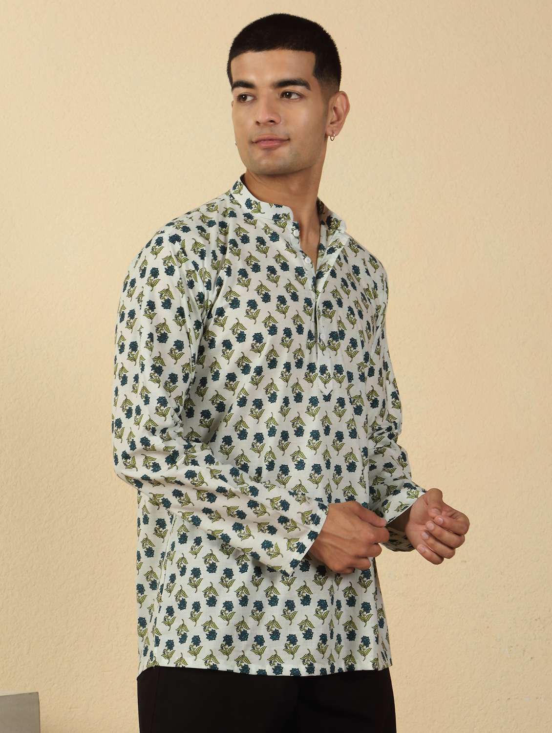 men printed mandarin neck short kurta - 22619200 -  Standard Image - 3
