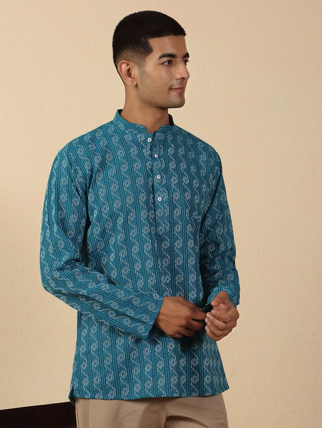 men printed mandarin neck short kurta - 22619202 -  Standard Image - 3