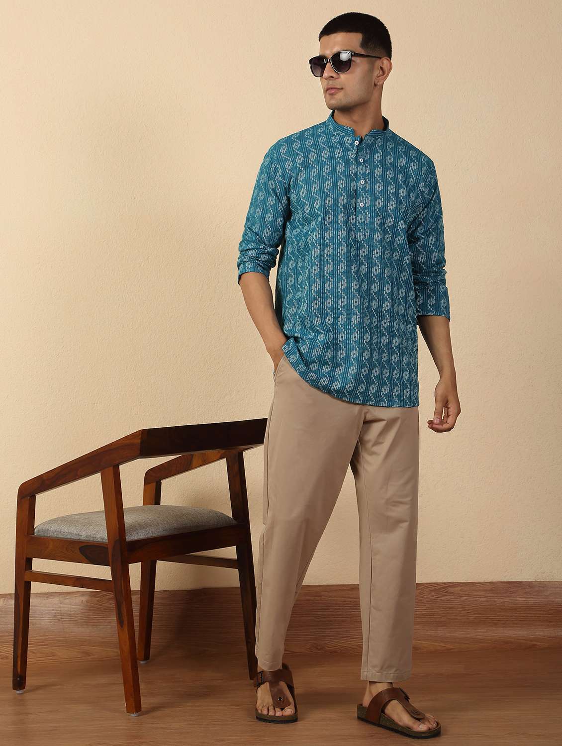 men printed mandarin neck short kurta - 22619202 -  Standard Image - 5