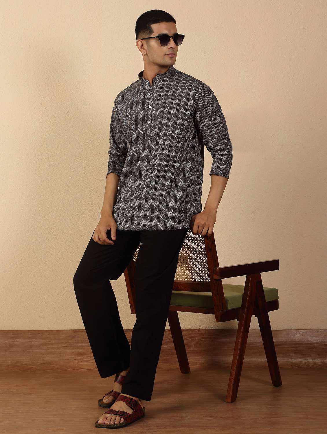men printed mandarin neck short kurta - 22619204 -  Standard Image - 5