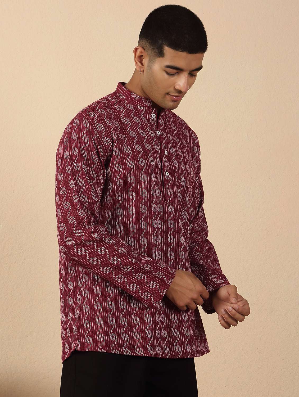 men printed mandarin neck short kurta - 22619205 -  Standard Image - 3