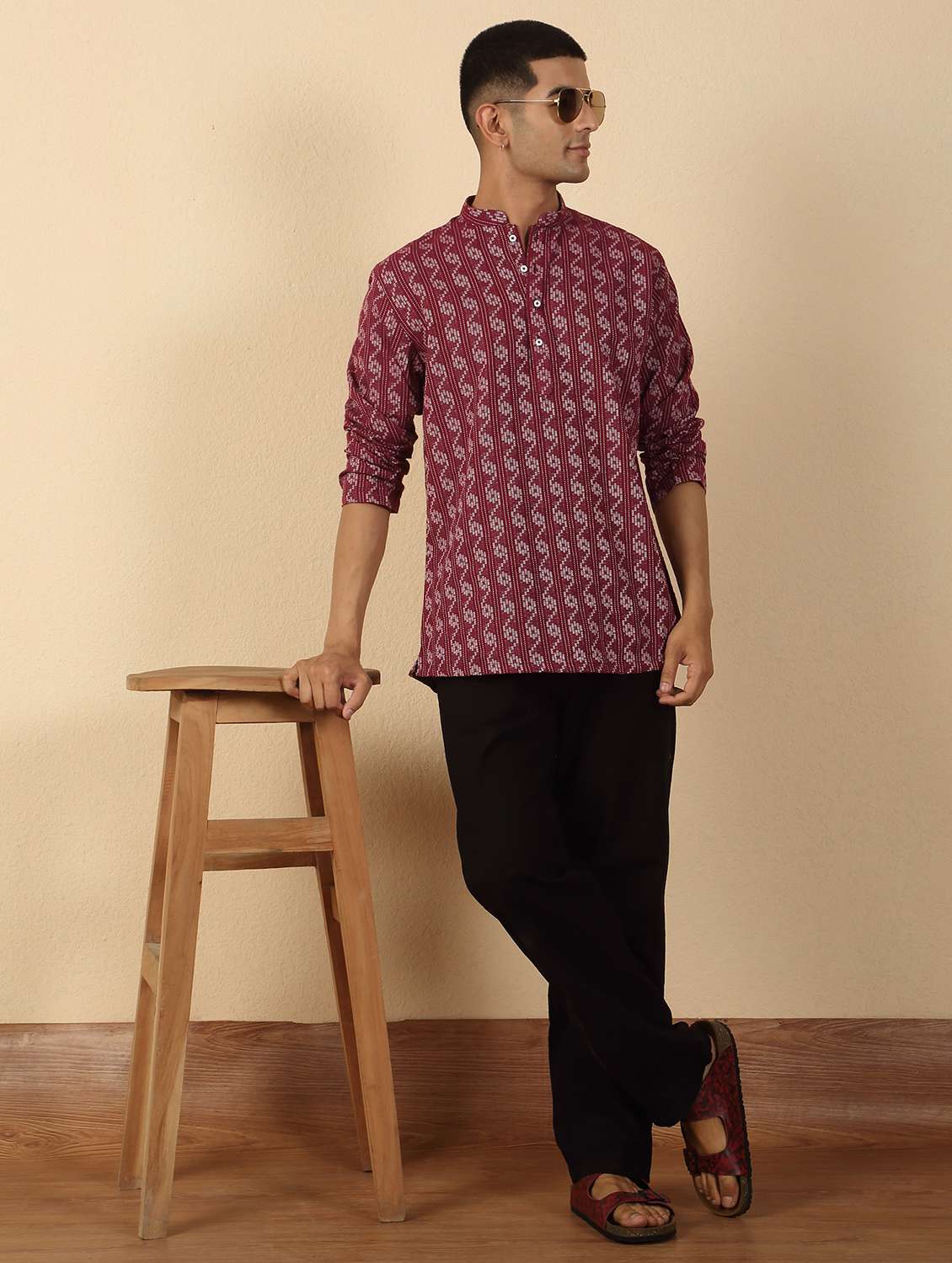 men printed mandarin neck short kurta - 22619205 -  Standard Image - 5