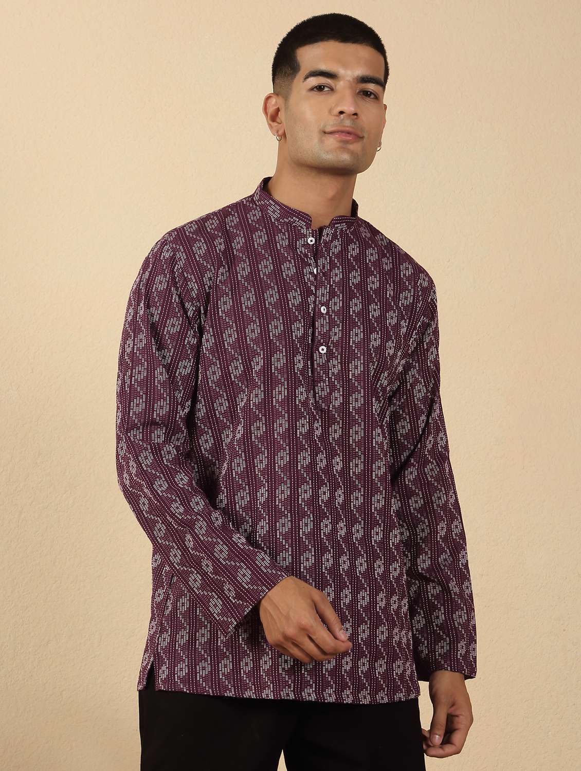 men printed mandarin neck short kurta - 22619206 -  Standard Image - 3