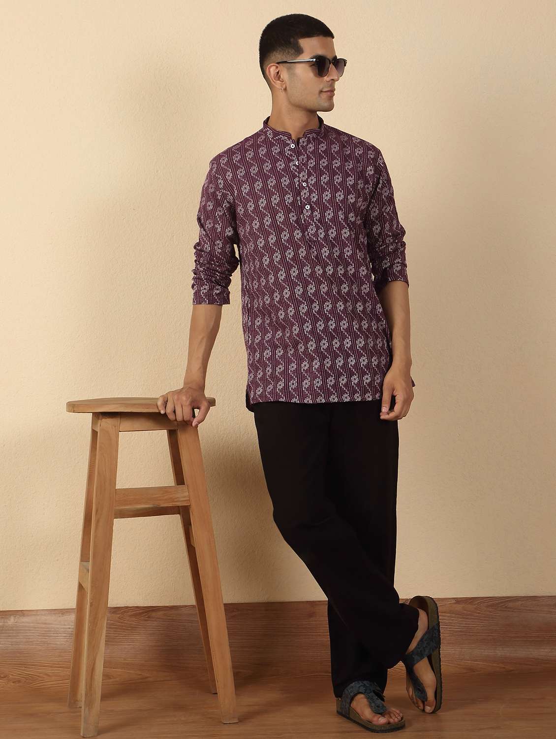 men printed mandarin neck short kurta - 22619206 -  Standard Image - 5