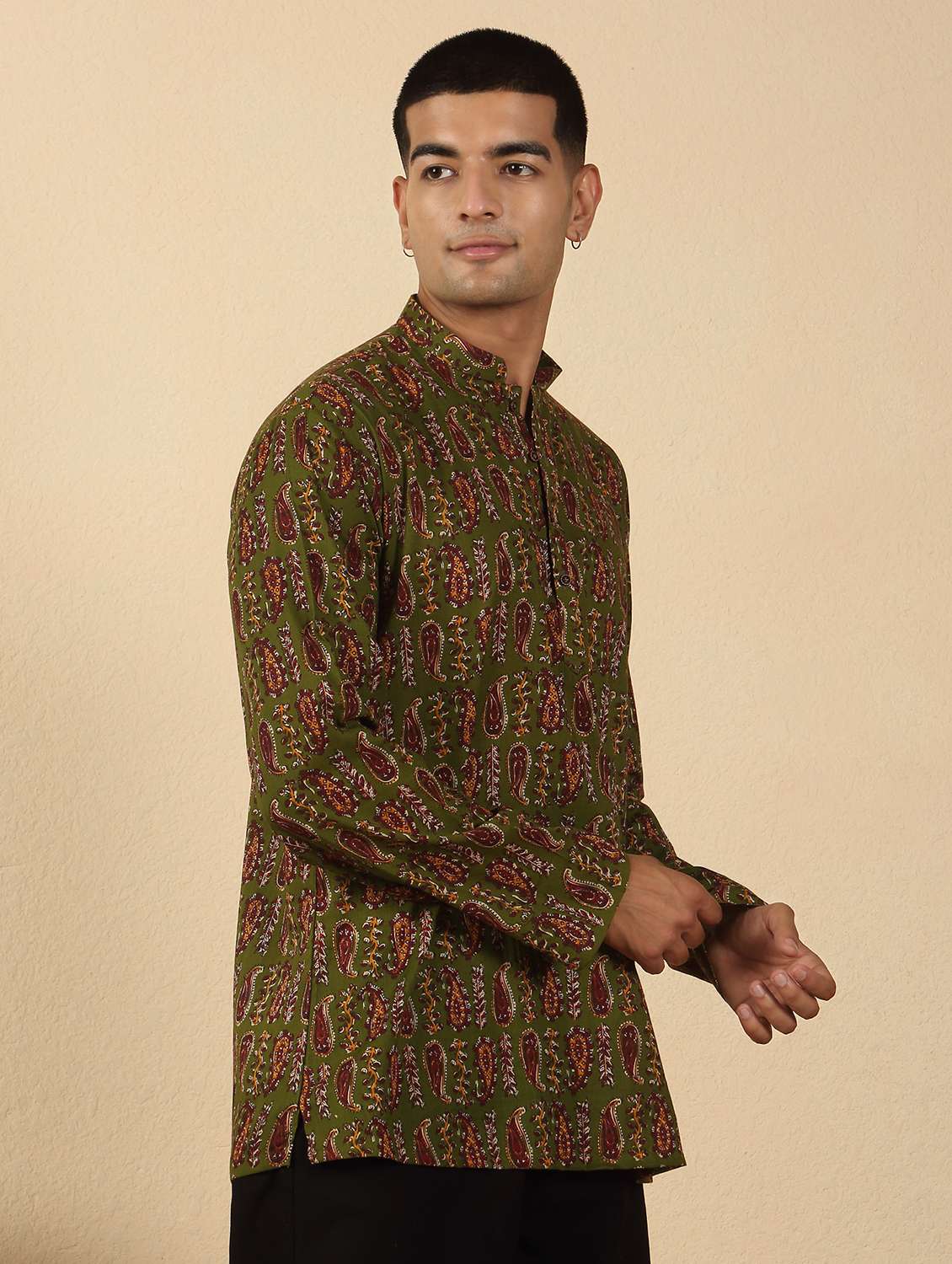 men printed mandarin neck short kurta - 22619209 -  Standard Image - 3
