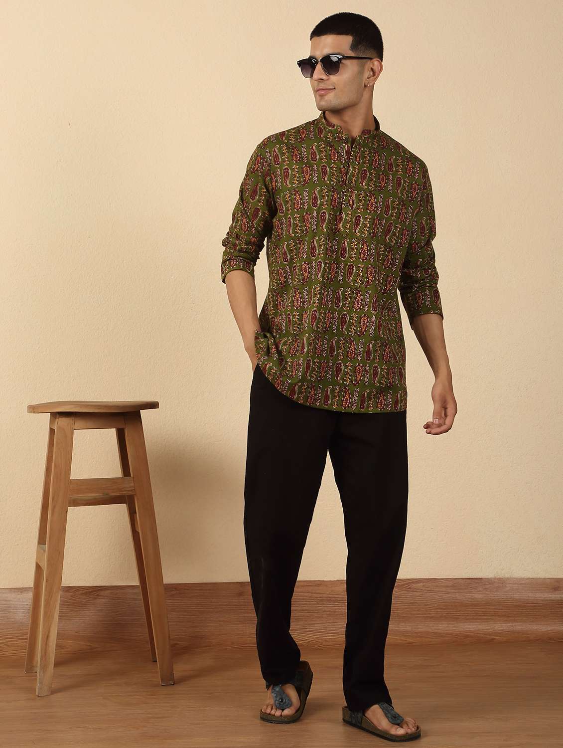 men printed mandarin neck short kurta - 22619209 -  Standard Image - 5