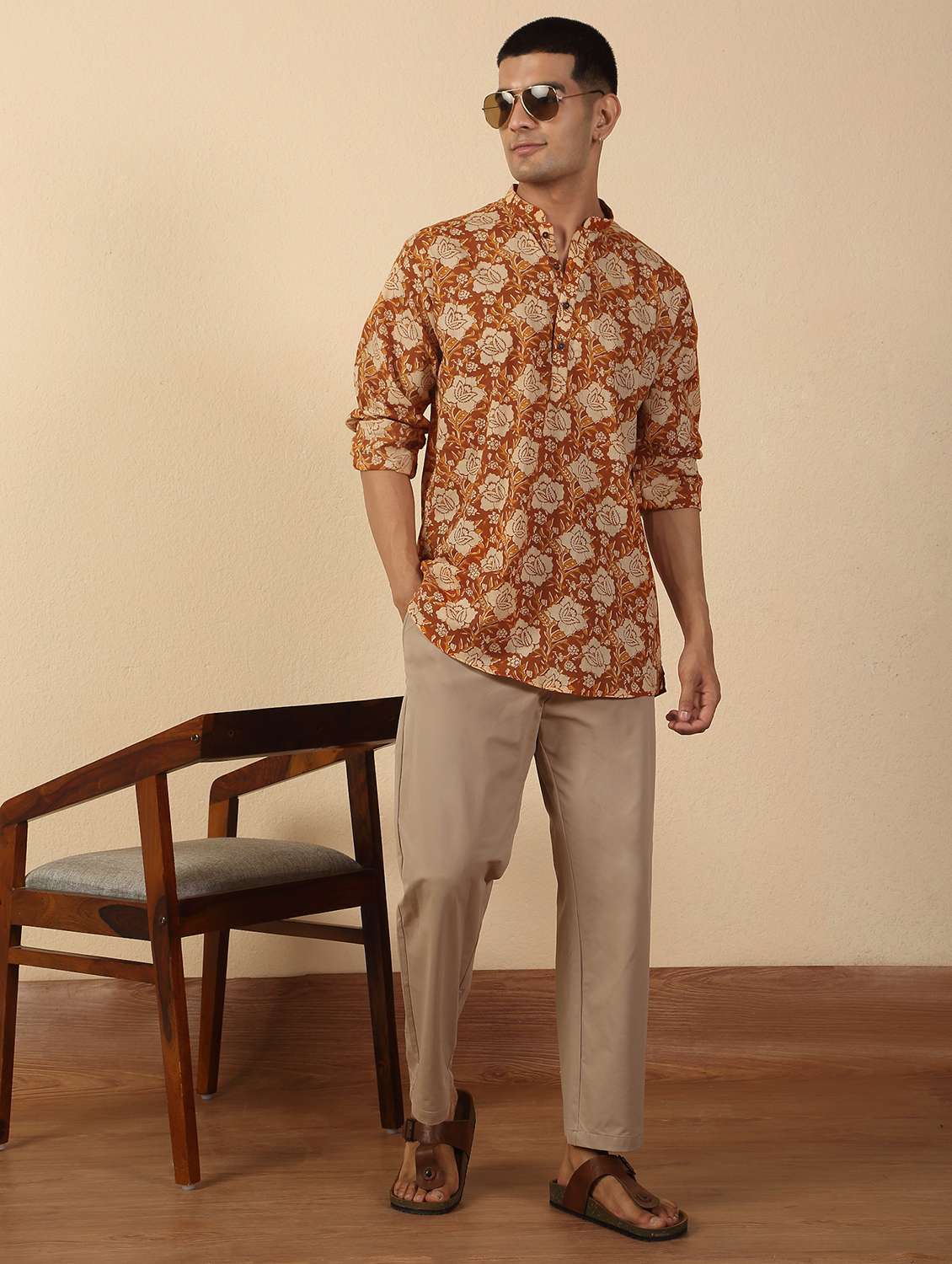 men printed mandarin neck short kurta - 22619211 -  Standard Image - 5