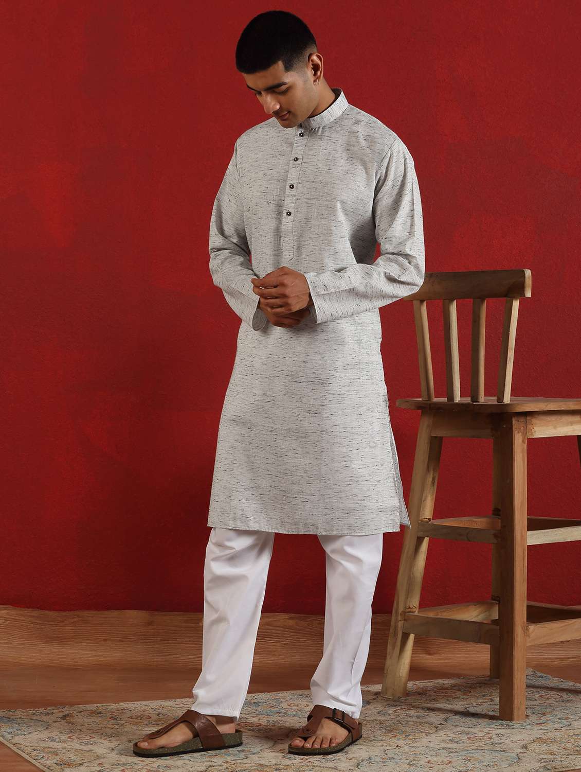 men self design mandarin neck long kurta - 22619234 -  Standard Image - 3