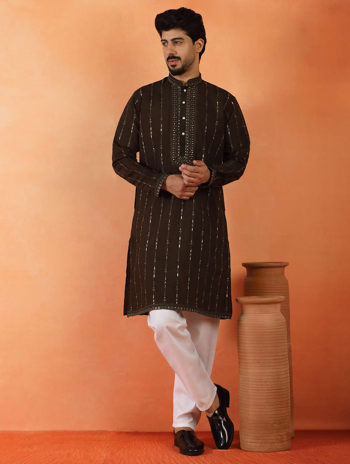 men solid with work mandarin neck long kurta - 22619249 -  Standard Image - 3