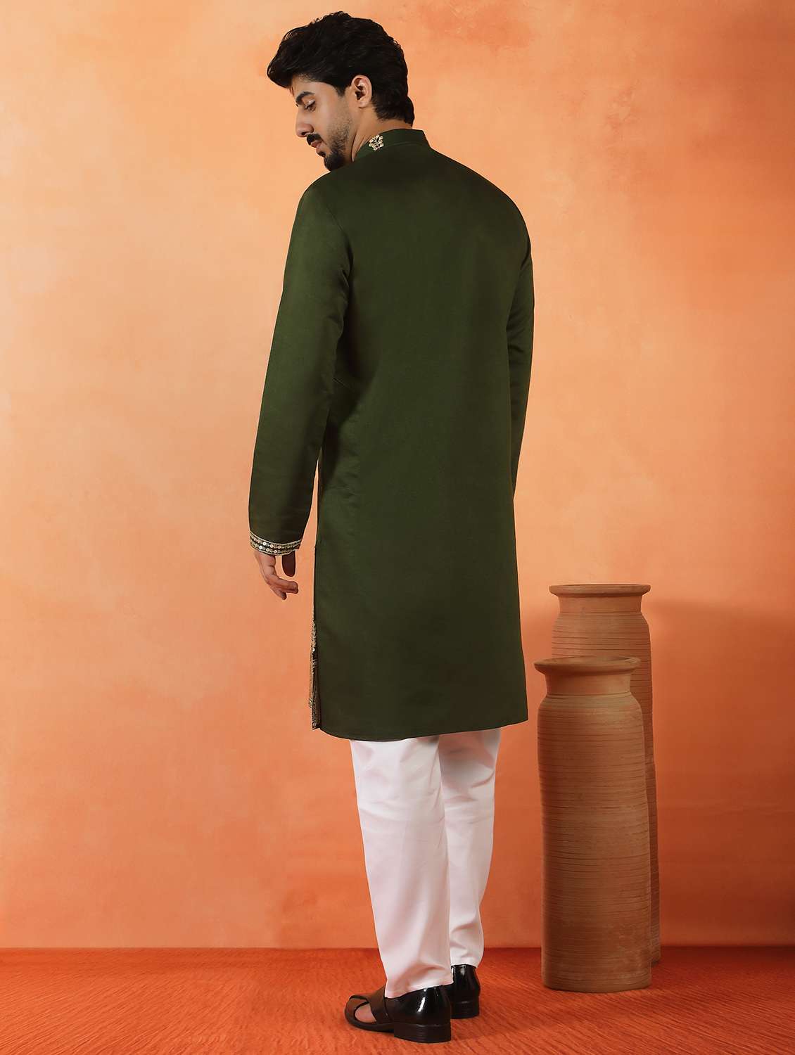 men solid with work mandarin neck long kurta - 22619254 -  Standard Image - 3