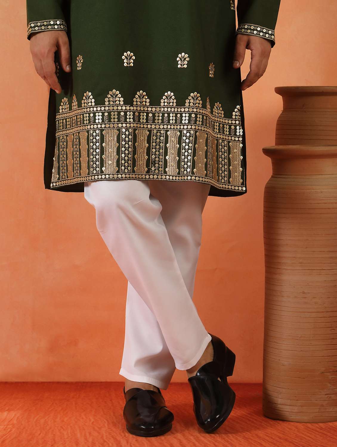 men solid with work mandarin neck long kurta - 22619254 -  Standard Image - 5