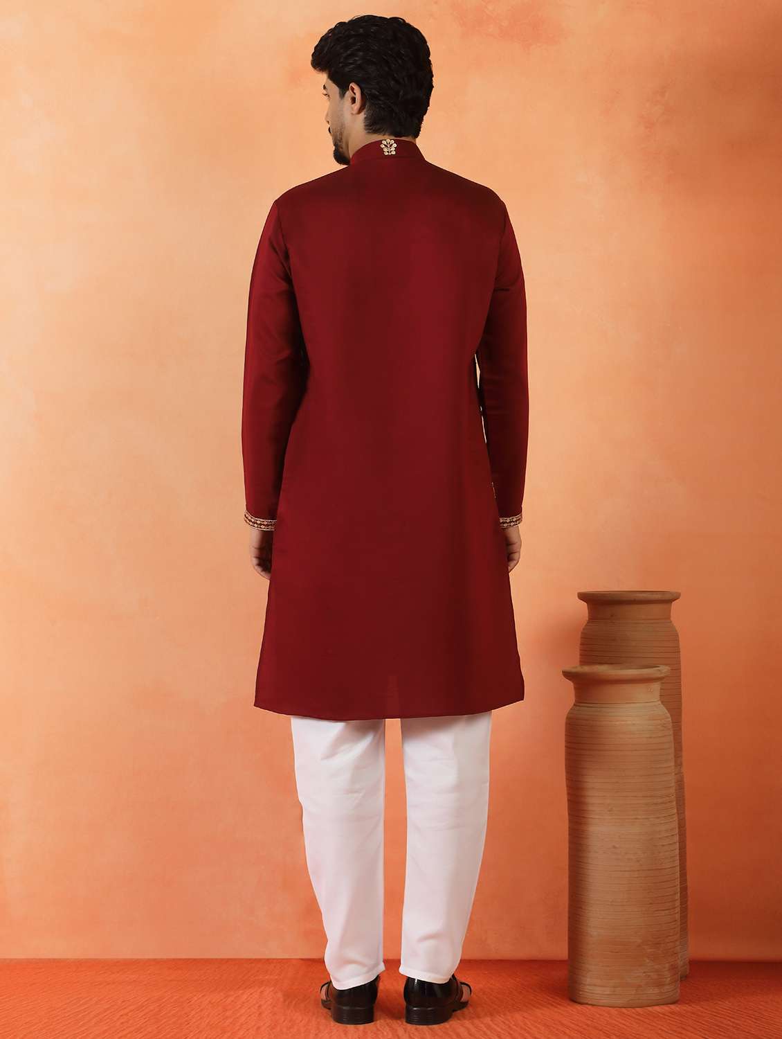men solid with work mandarin neck long kurta - 22619255 -  Standard Image - 3
