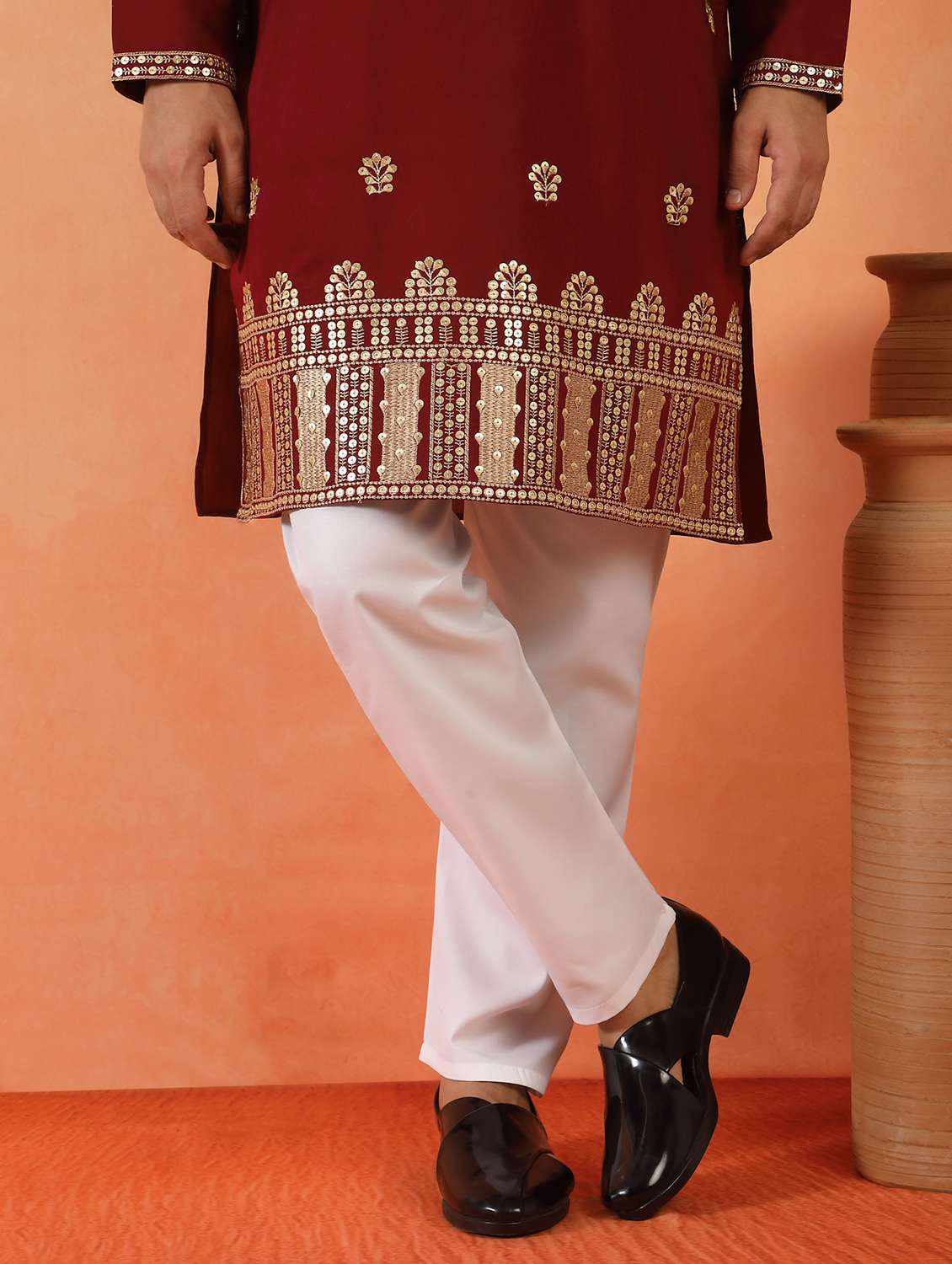 men solid with work mandarin neck long kurta - 22619255 -  Standard Image - 5