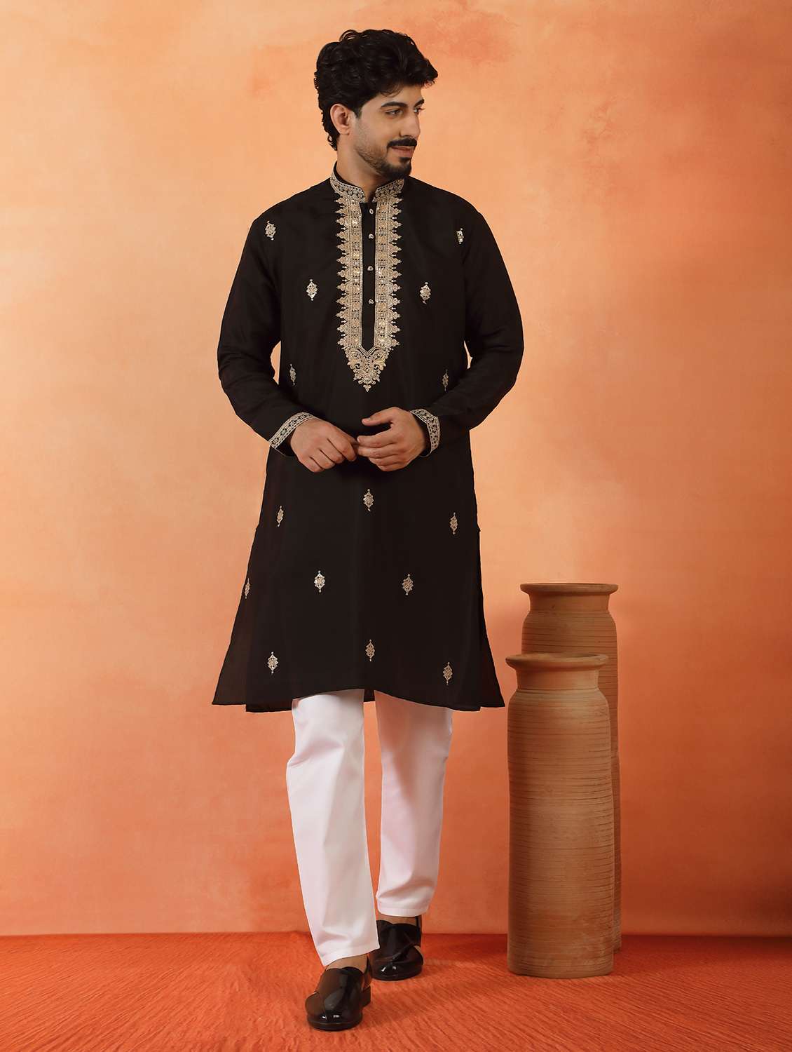 men solid with work mandarin neck long kurta