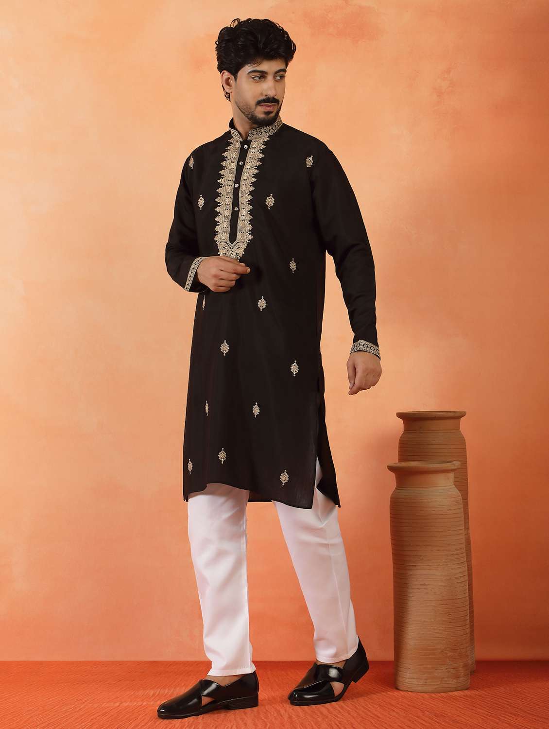 men solid with work mandarin neck long kurta - 22619256 -  Standard Image - 3