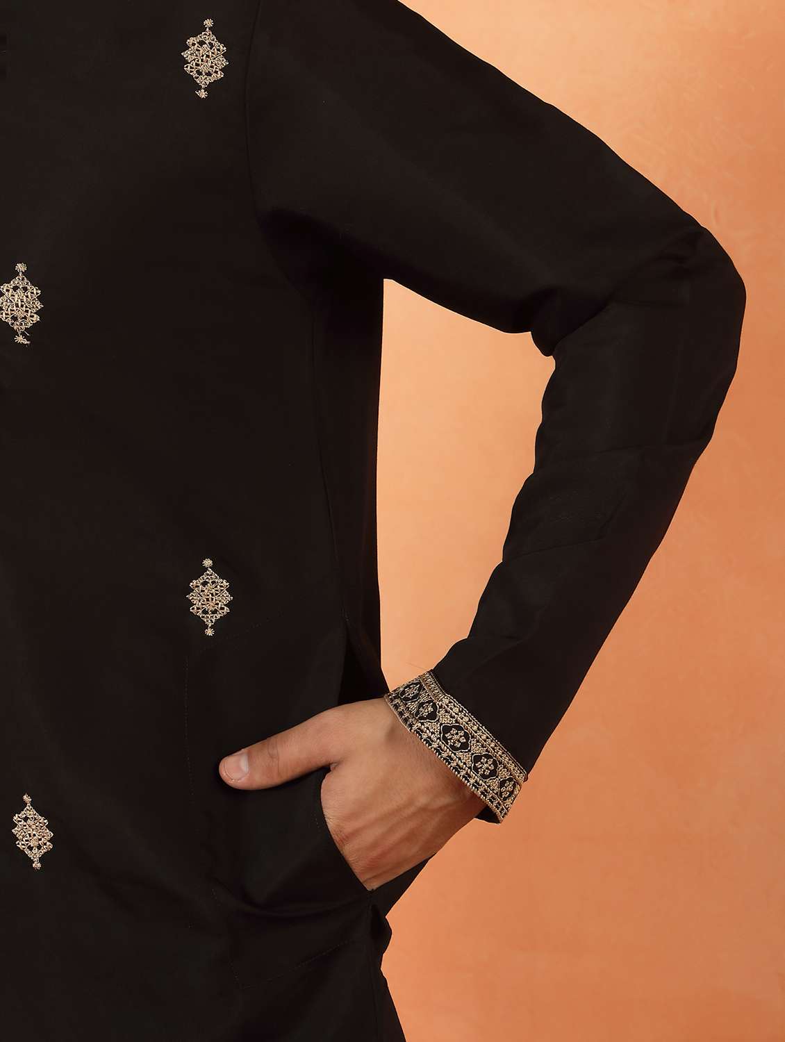 men solid with work mandarin neck long kurta - 22619256 -  Standard Image - 5