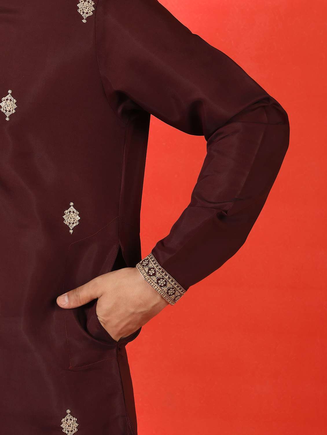 men solid with work mandarin neck long kurta - 22619257 -  Standard Image - 5
