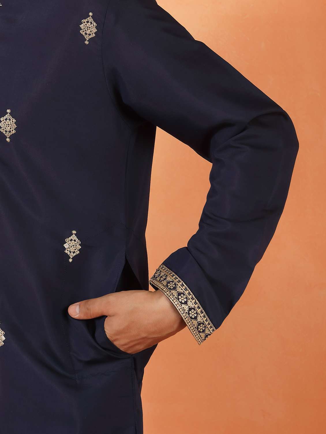 men solid with work mandarin neck long kurta - 22619258 -  Standard Image - 5