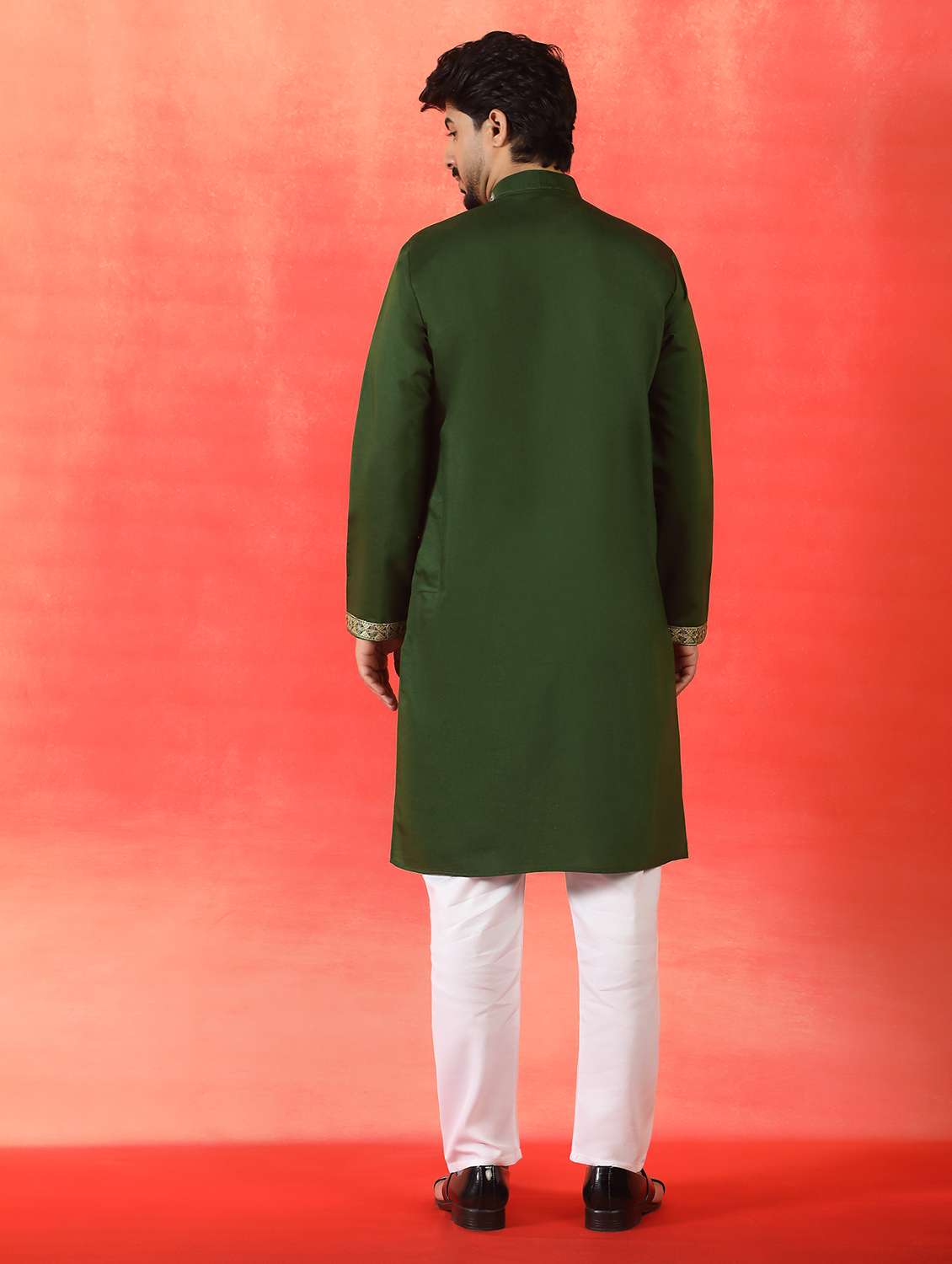 men solid with work mandarin neck long kurta - 22619259 -  Standard Image - 3