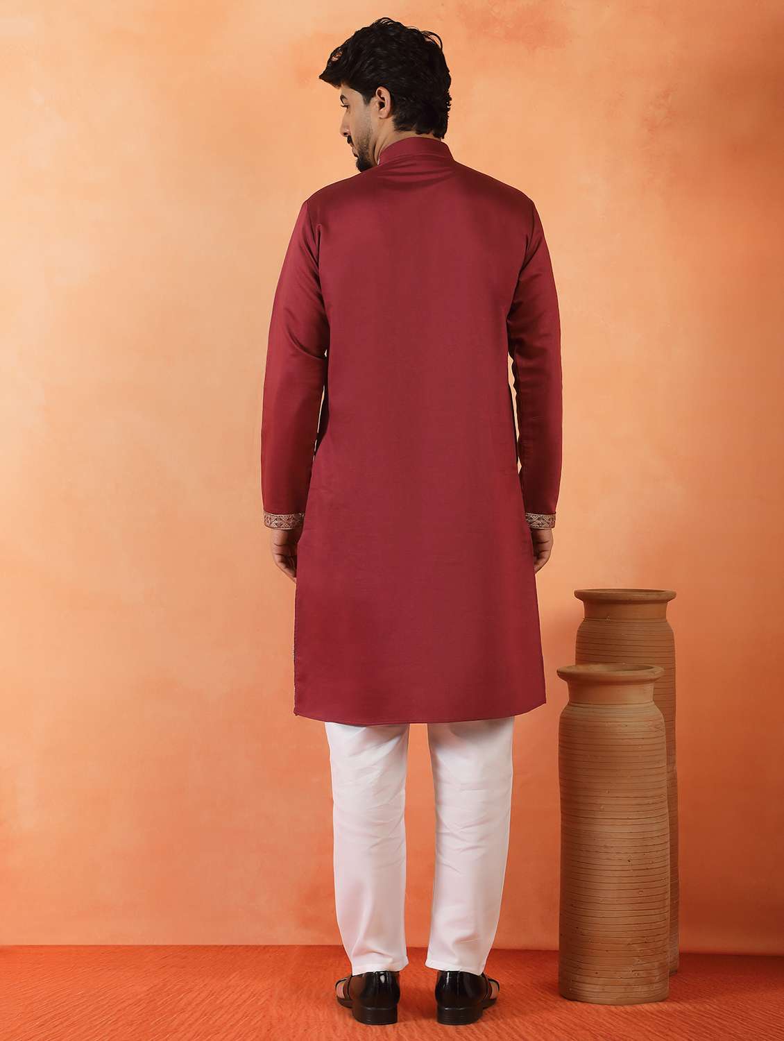 men solid with work mandarin neck long kurta - 22619260 -  Standard Image - 3