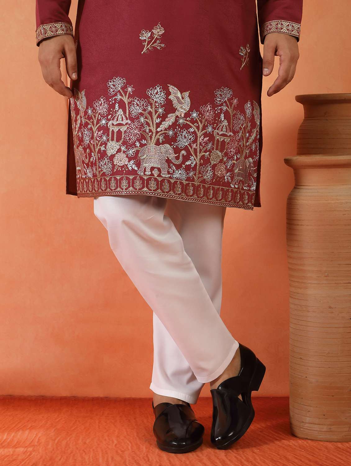 men solid with work mandarin neck long kurta - 22619260 -  Standard Image - 5
