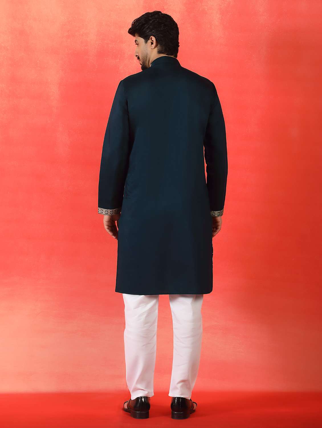 men solid with work mandarin neck long kurta - 22619261 -  Standard Image - 3