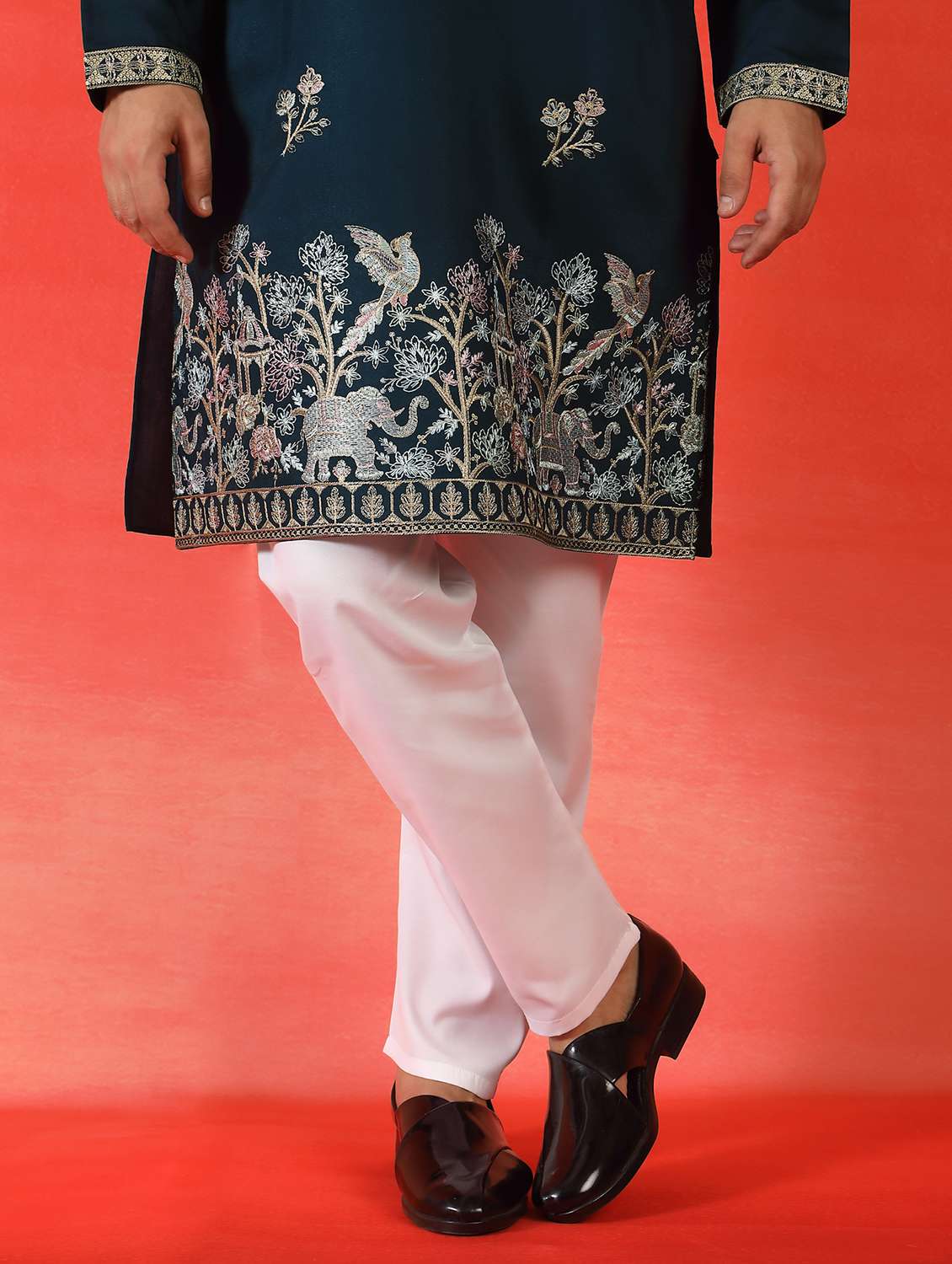 men solid with work mandarin neck long kurta - 22619261 -  Standard Image - 5