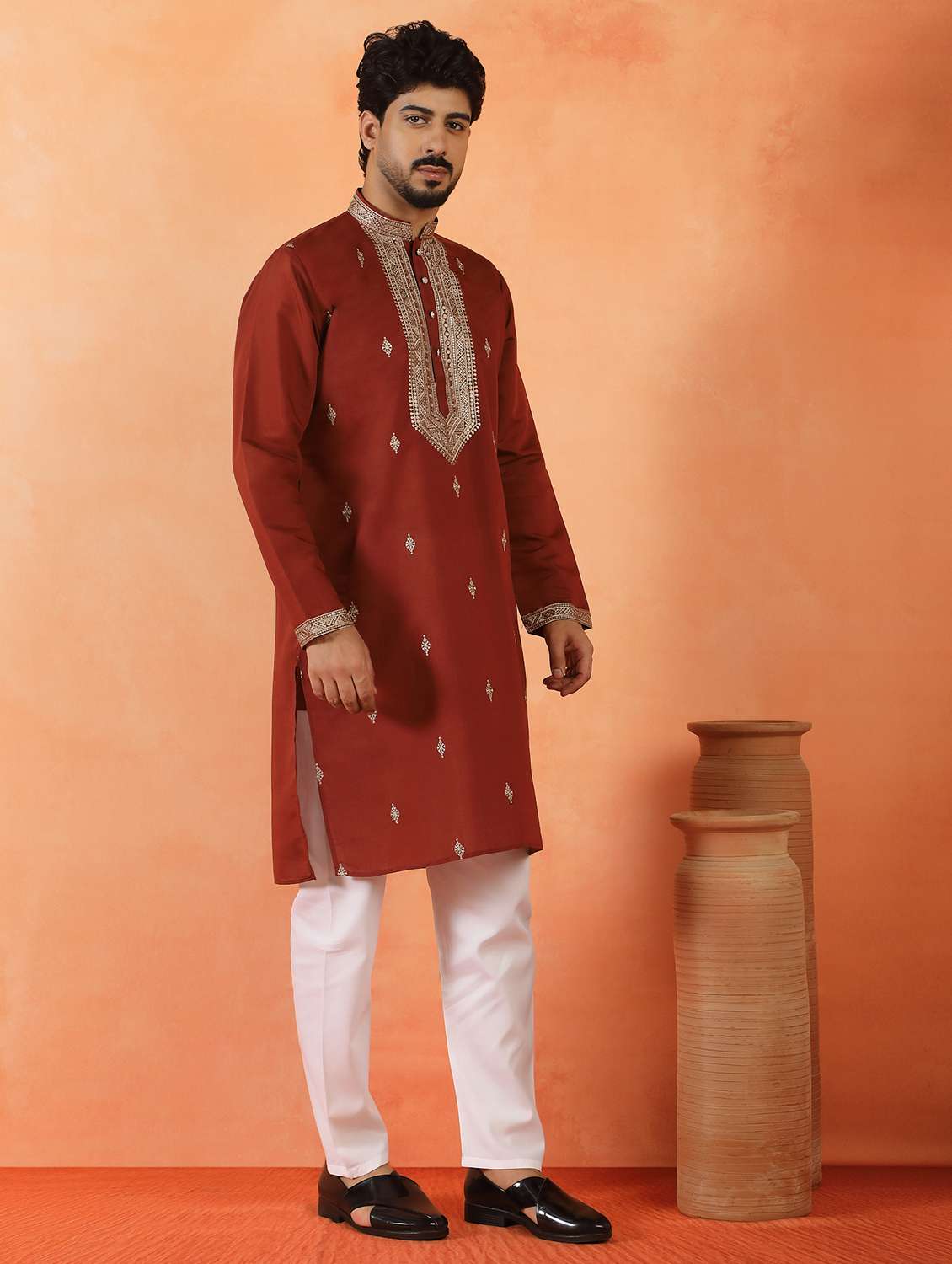 men solid with work mandarin neck long kurta - 22619262 -  Standard Image - 3