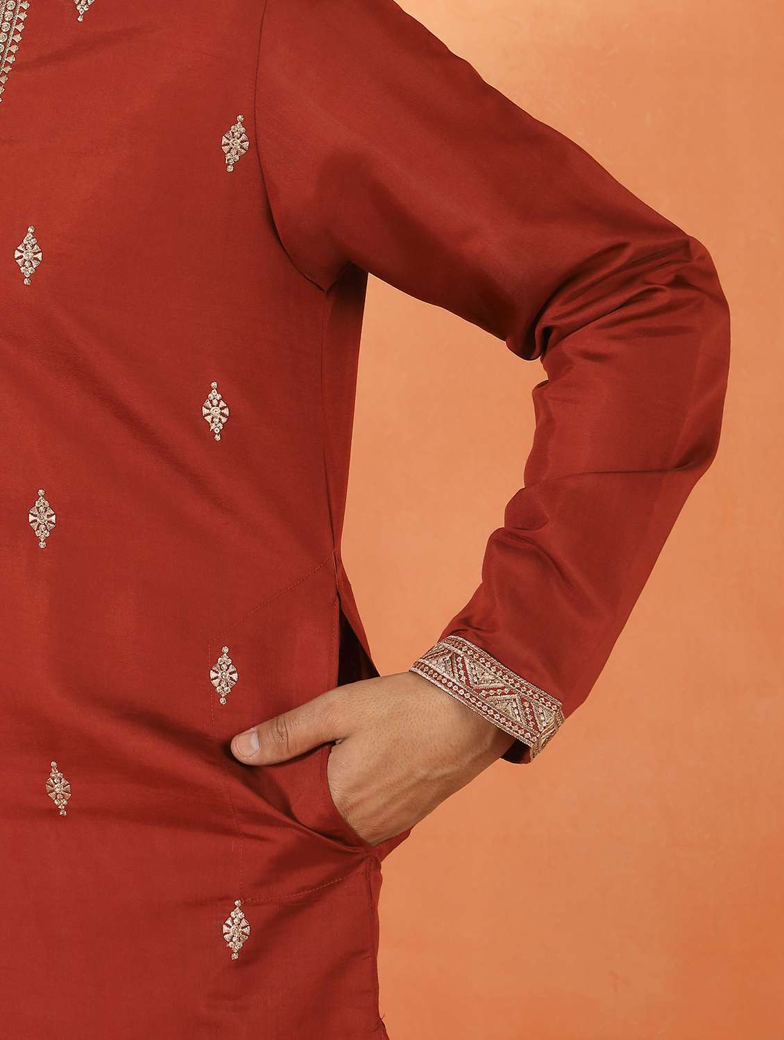 men solid with work mandarin neck long kurta - 22619262 -  Standard Image - 5
