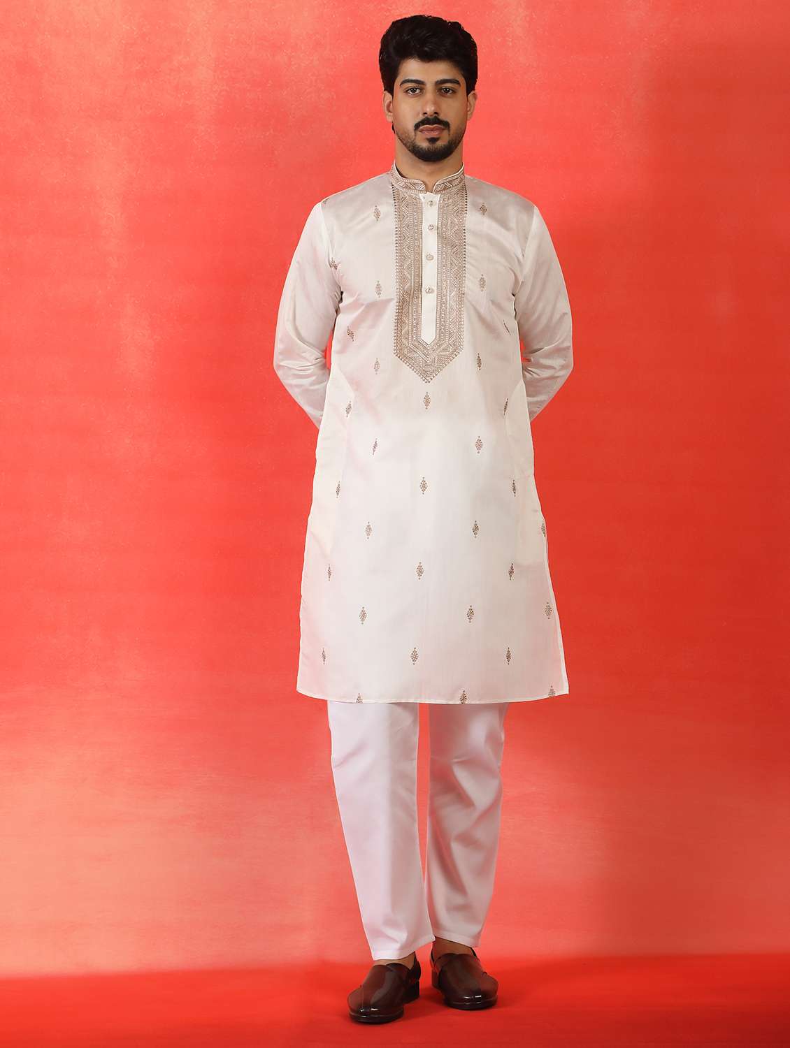 men solid with work mandarin neck long kurta