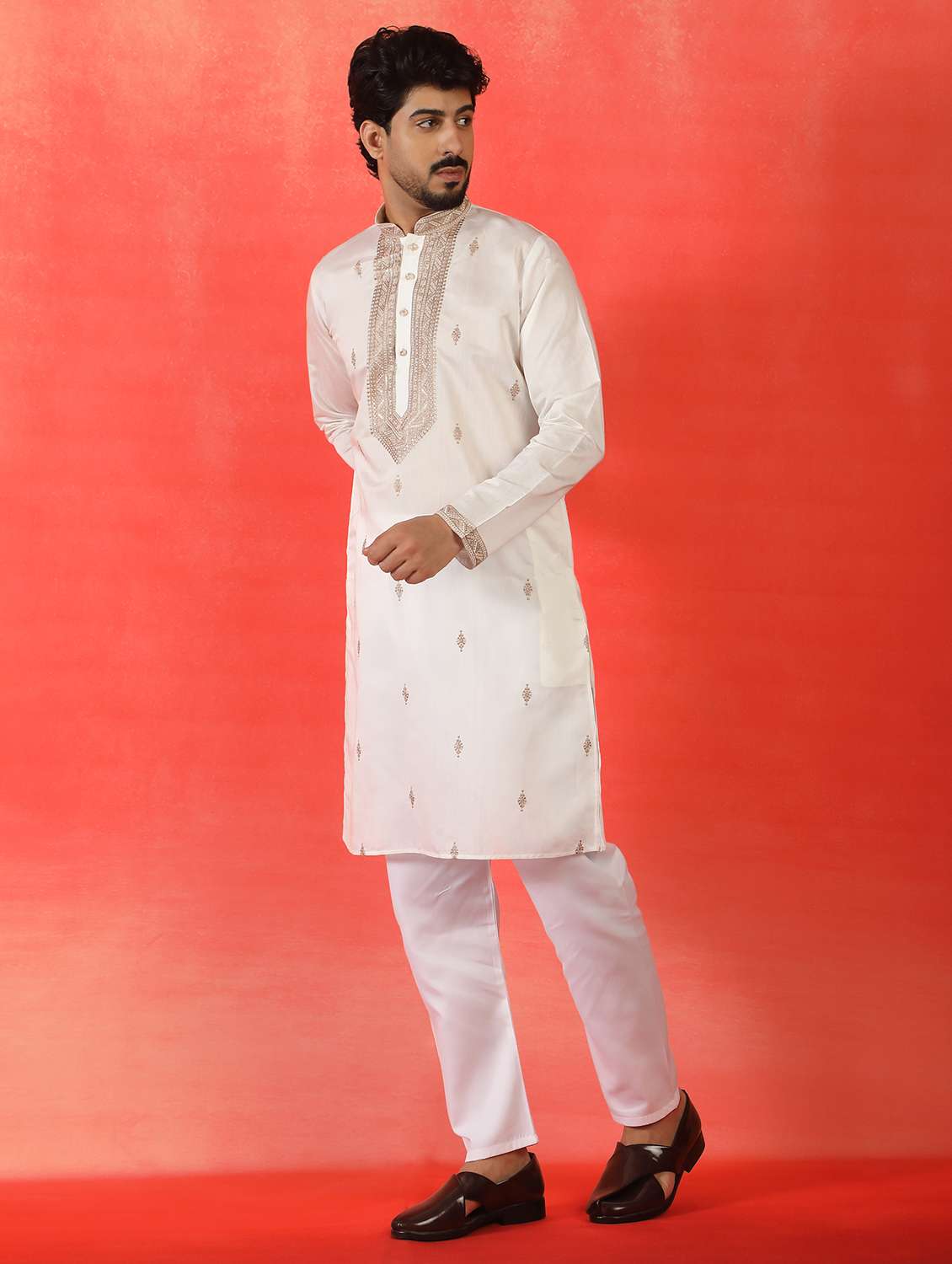 men solid with work mandarin neck long kurta - 22619263 -  Standard Image - 3
