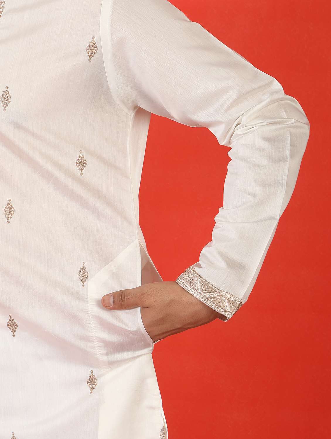 men solid with work mandarin neck long kurta - 22619263 -  Standard Image - 5