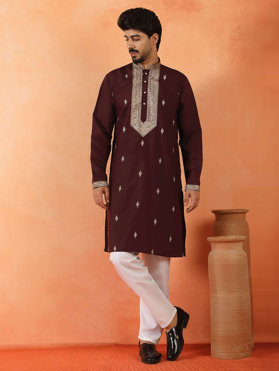men solid with work mandarin neck long kurta