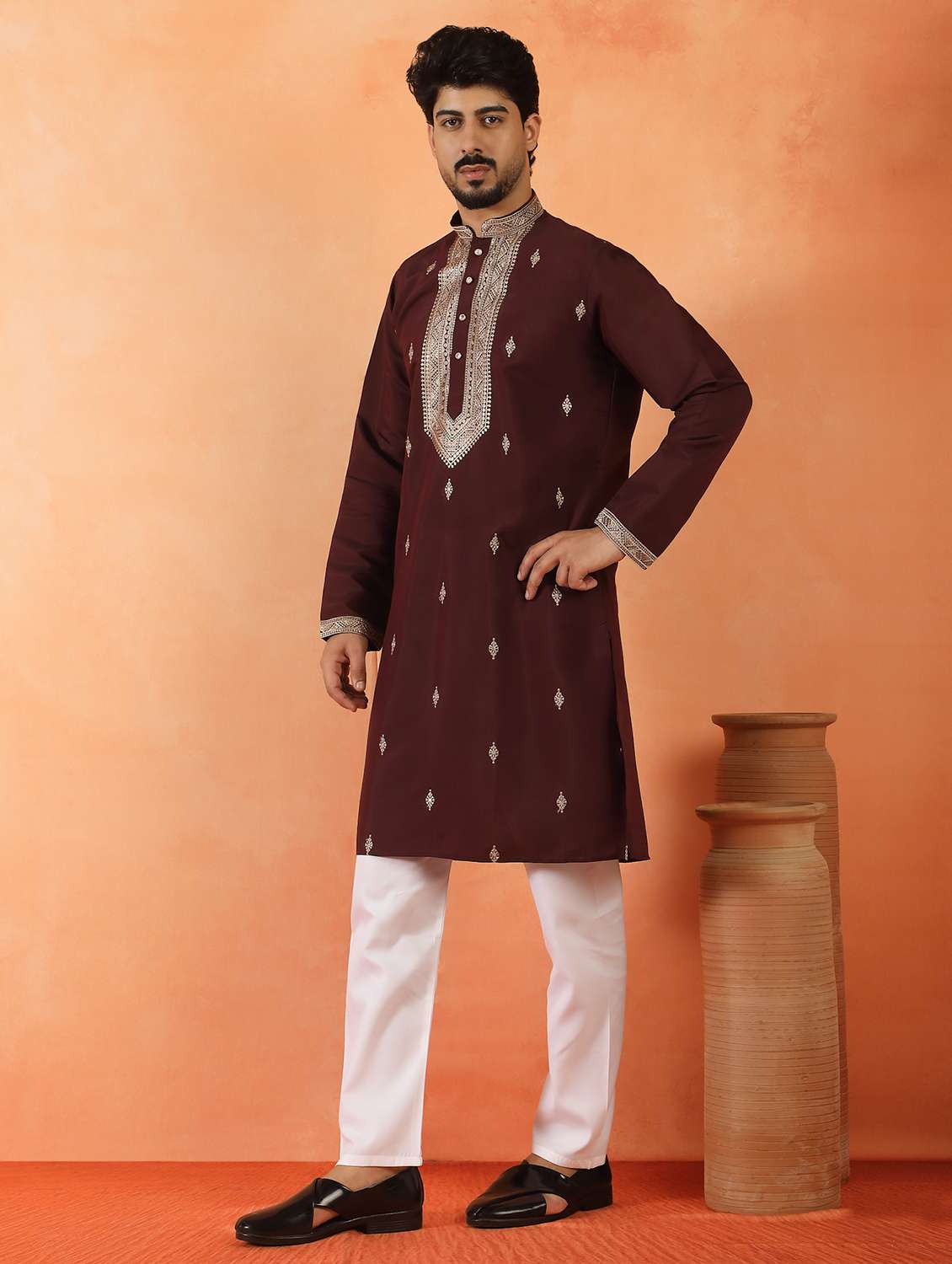 men solid with work mandarin neck long kurta - 22619264 -  Standard Image - 3