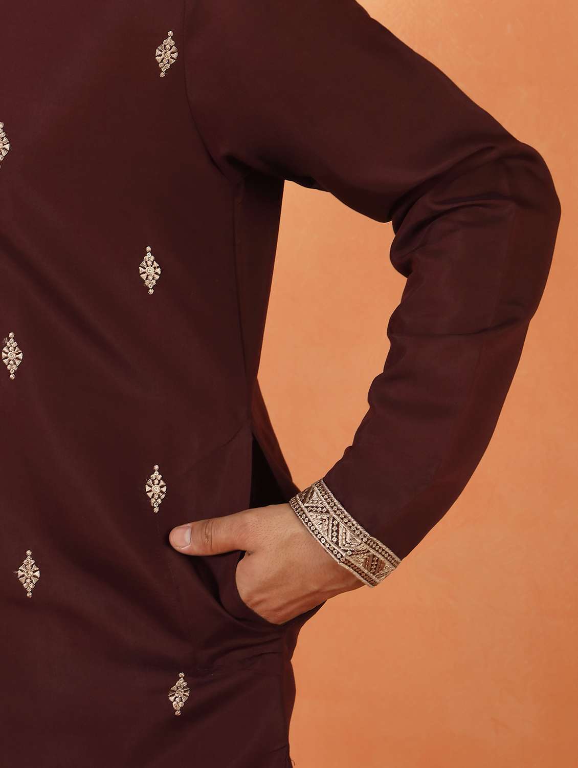 men solid with work mandarin neck long kurta - 22619264 -  Standard Image - 5