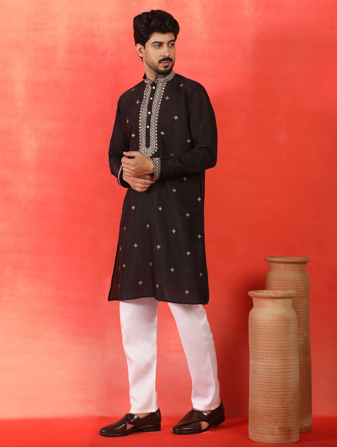 men solid with work mandarin neck long kurta - 22619265 -  Standard Image - 3
