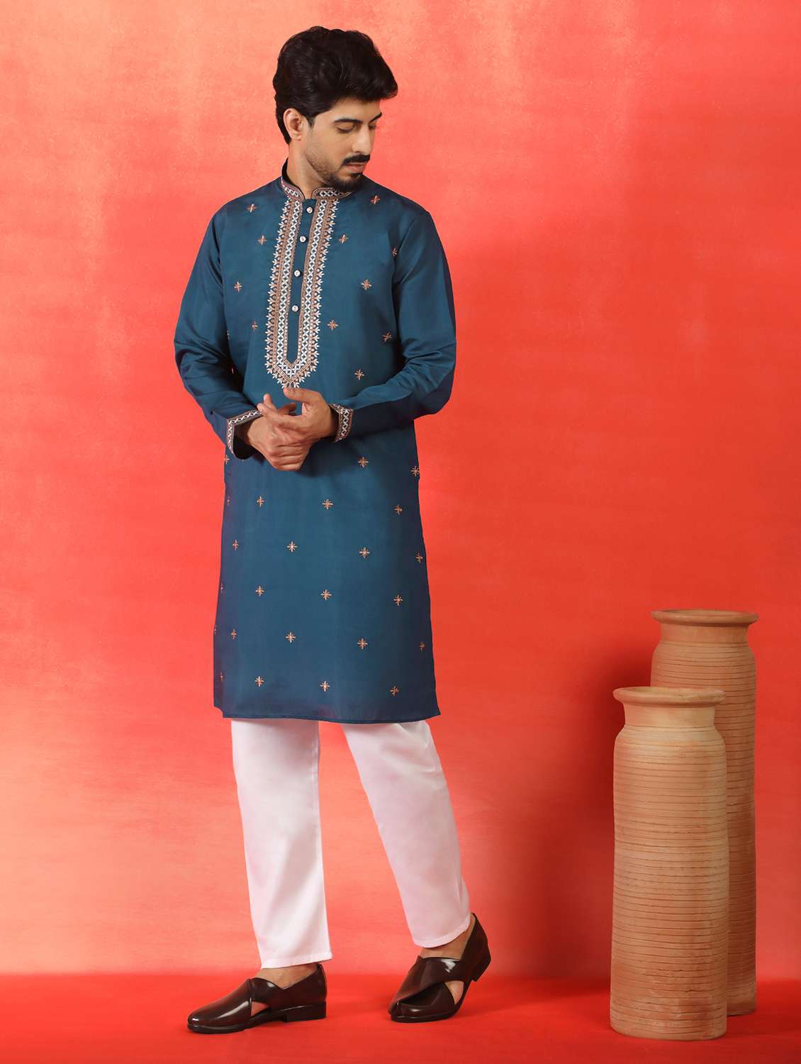 men solid with work mandarin neck long kurta - 22619266 -  Standard Image - 3